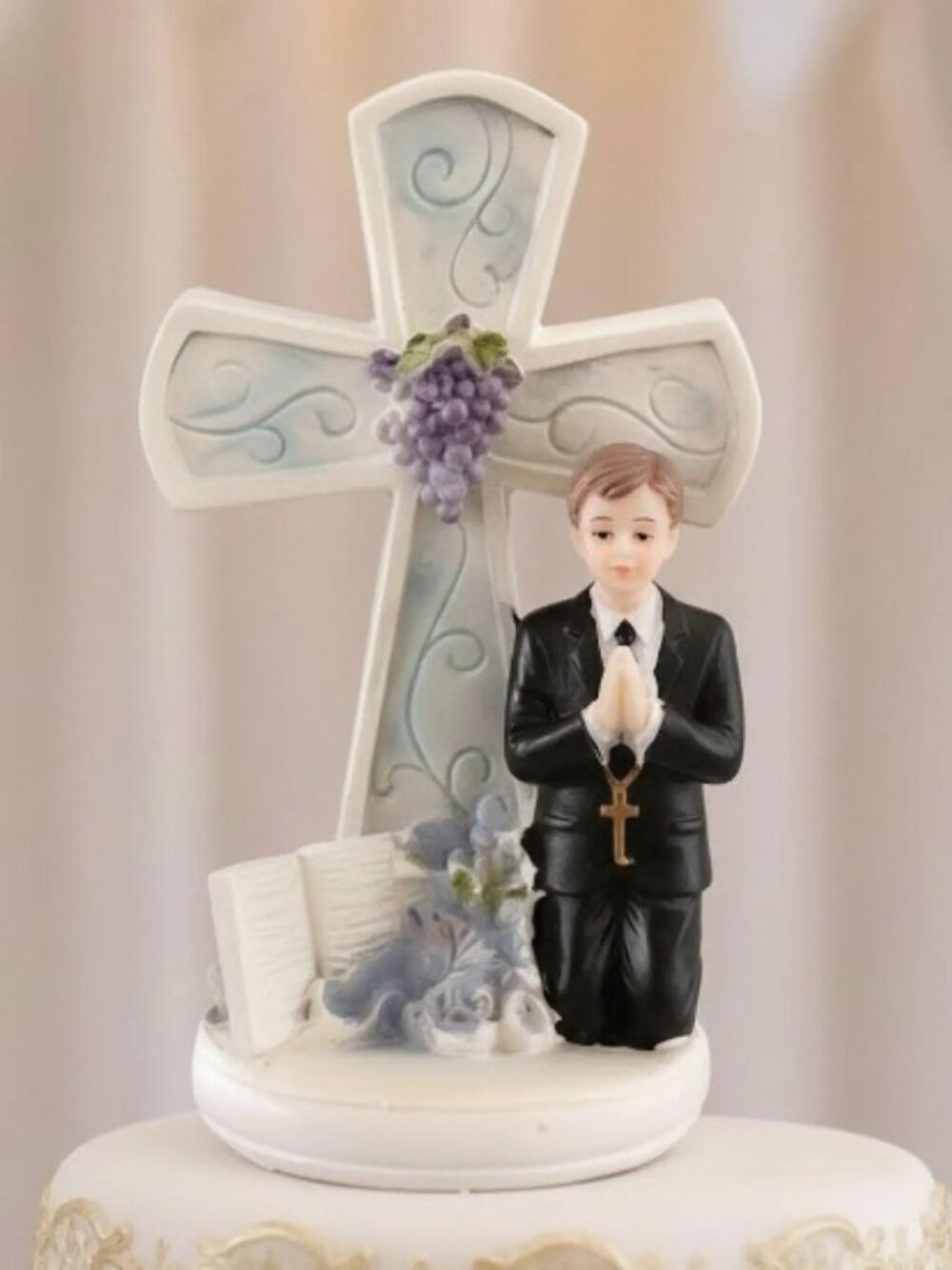 First Communion Praying Boy with Blue Cross Figurine Religious Favor Keepsake